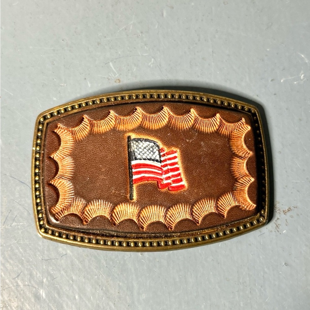 Alumaline Faux Leather & Brass American Flag Belt Buckle